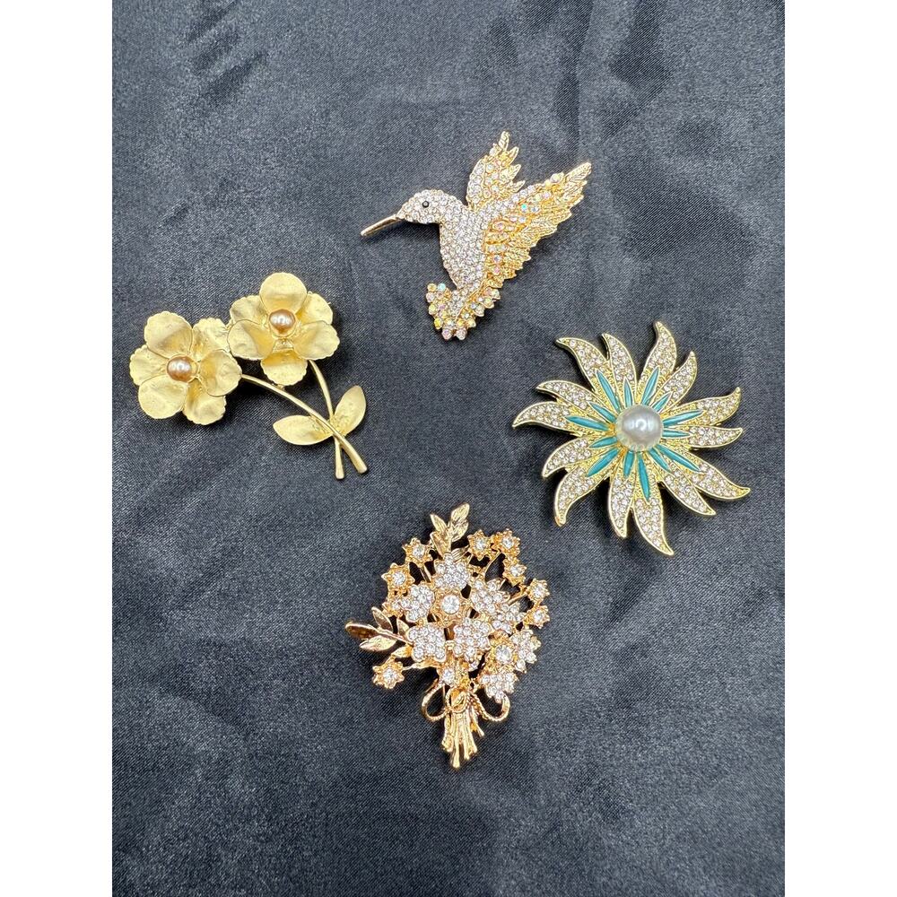 Lot of Four Nature Themed Modern Brooches-Three Floral & Hummingbird